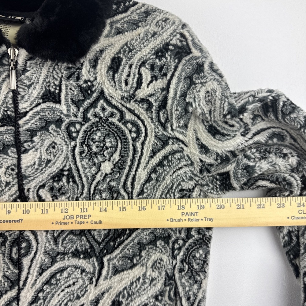 Vintage Duffel Outdoor Jacket Womens Small Black White Paisley Faux Fur Fleece - Picture 8 of 10